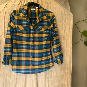 L.L. BEAN Flannel Bright Green Blue Yellow Plaid Small Button-up